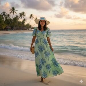 JMarie Women Dress XS 0/2 Green Tropical Tree Cutout Back Midi Puffed Sleeve 621